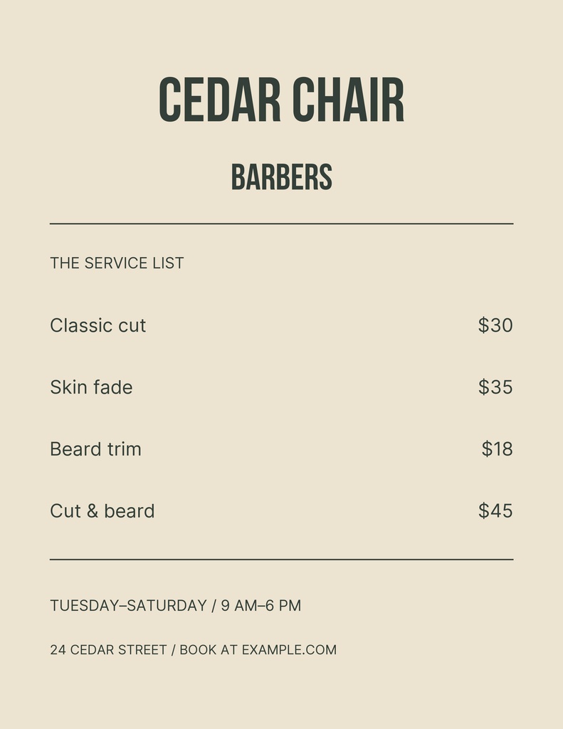 Portrait barber price list with cedar chair barbers heading, service list, prices, hours, and address.