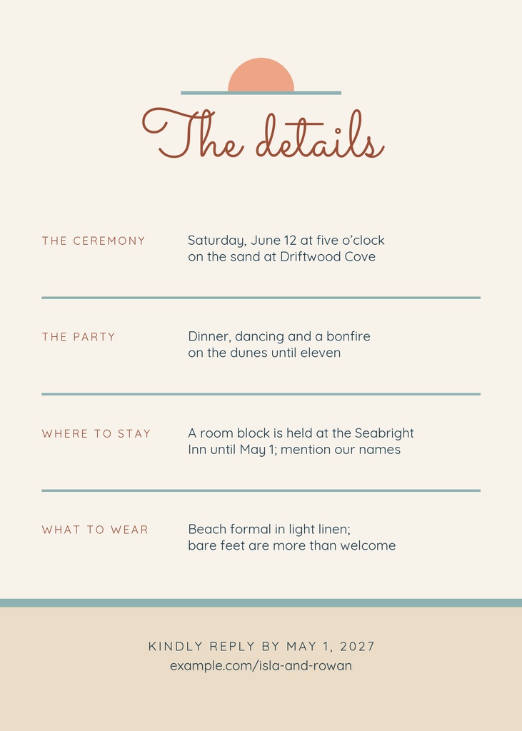 Minimalist beach wedding details card with a peach sun, teal lines, and brown text sections.