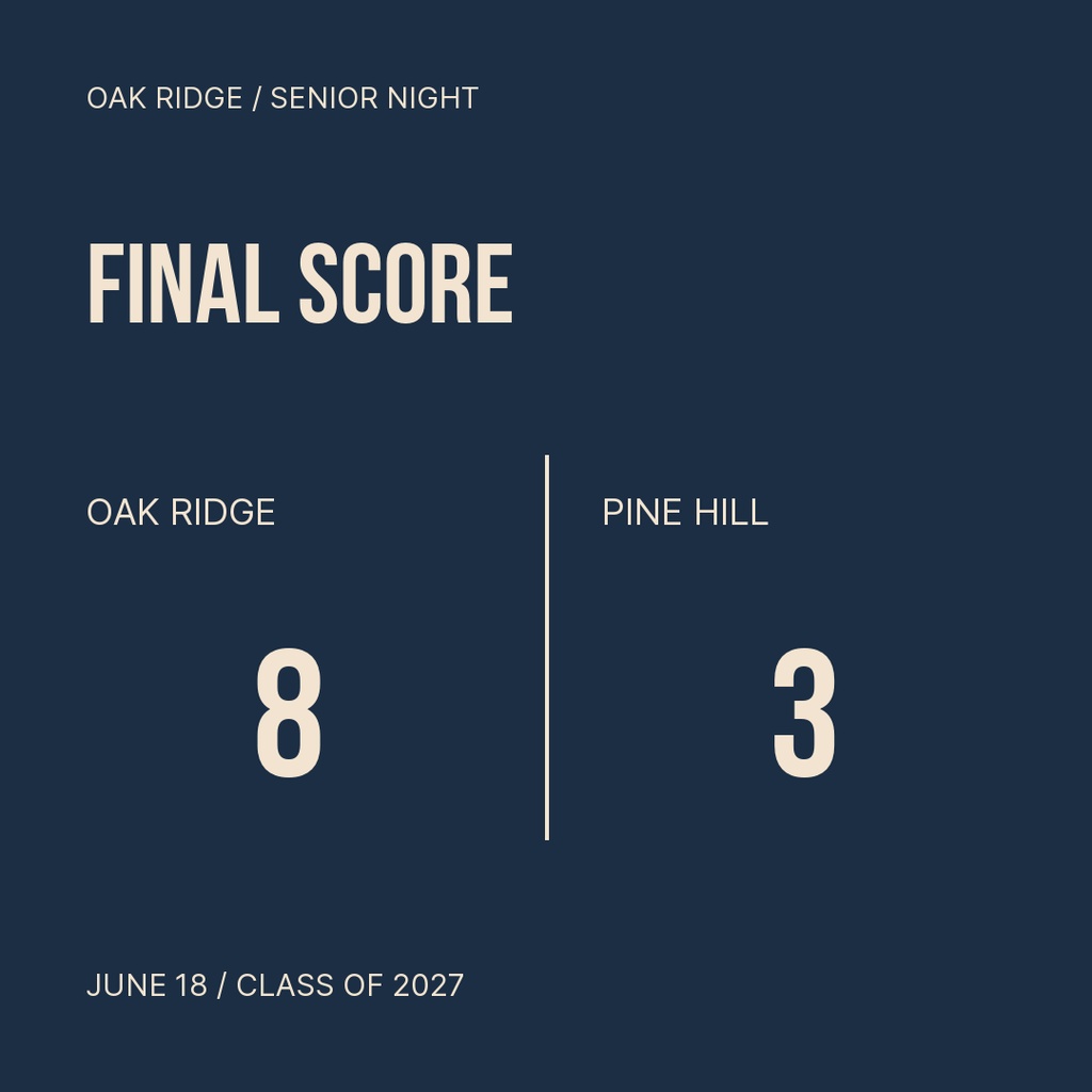 Square final score graphic for Oak Ridge versus Pine Hill with 8 to 3 result.