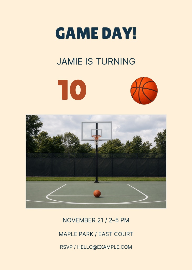 Portrait invitation with Game Day text, a basketball, and a basketball court photo.