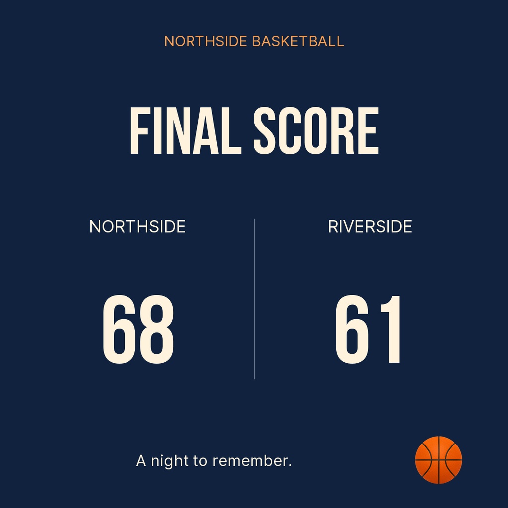 Square basketball final score graphic for Northside versus Riverside, 68 to 61.