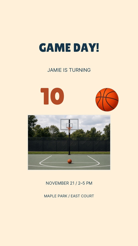Portrait invitation with Game Day text, basketball graphic, large number 10, and outdoor basketball court photo.
