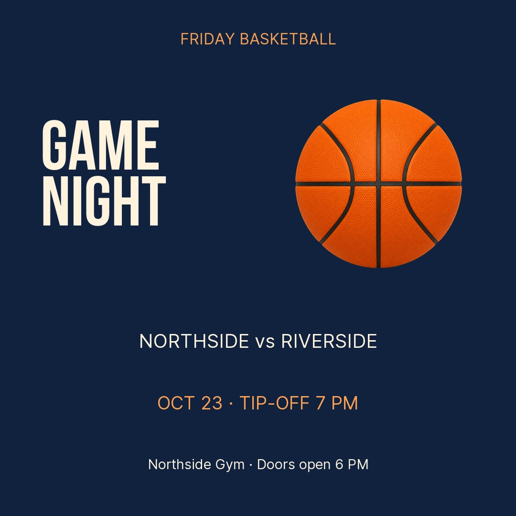 Square basketball game night poster with orange ball on dark blue background and matchup details