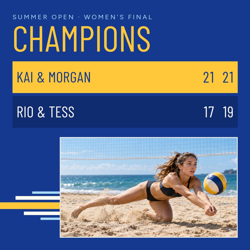 Beach volleyball player diving for a ball on a sandy court with a match score layout above.