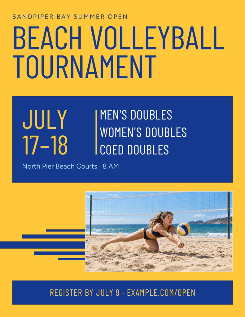 Yellow flyer with beach volleyball tournament details and a player diving for the ball on sand.