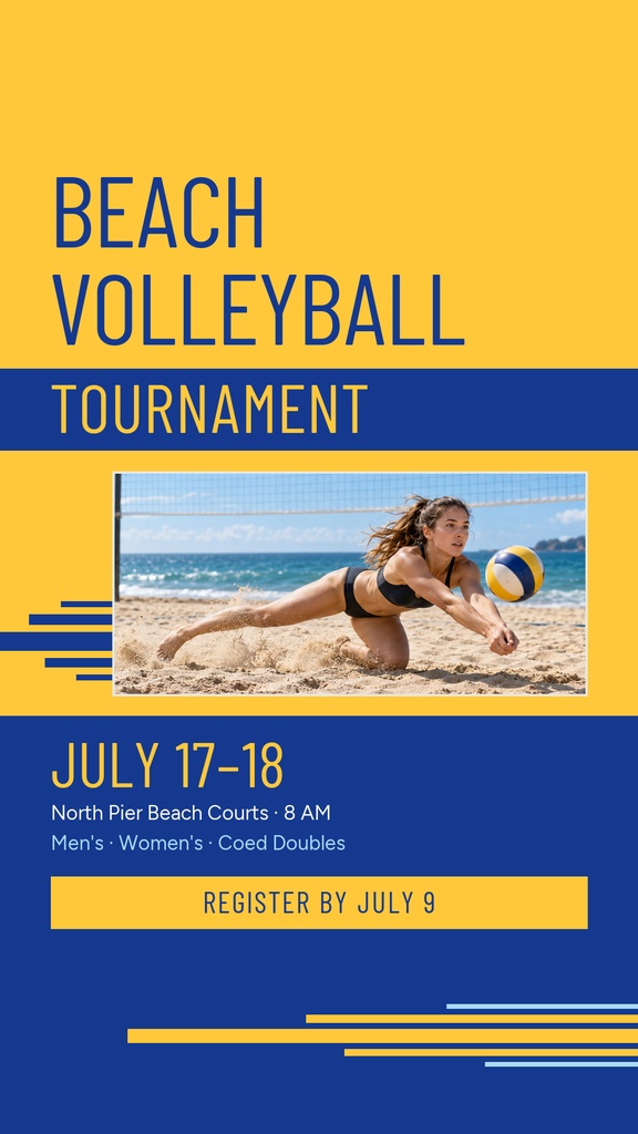 Portrait story template with beach volleyball title, action photo, event dates, and registration text on a yellow and blue layout.