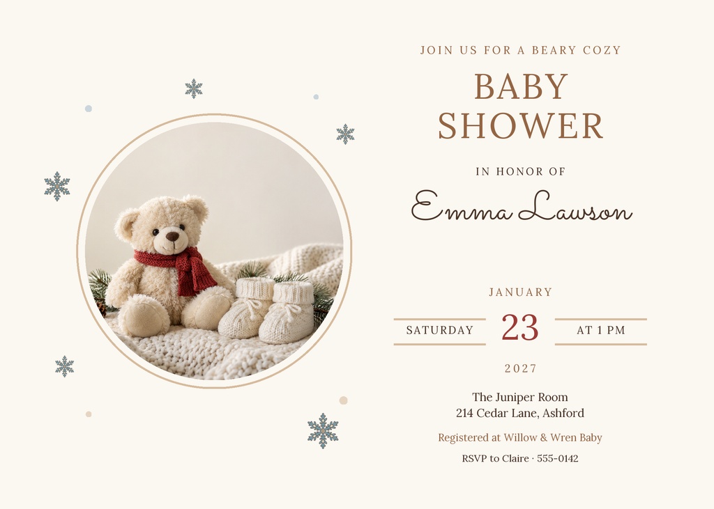 Winter baby shower invitation with a teddy bear, snowflakes, and soft beige layout.