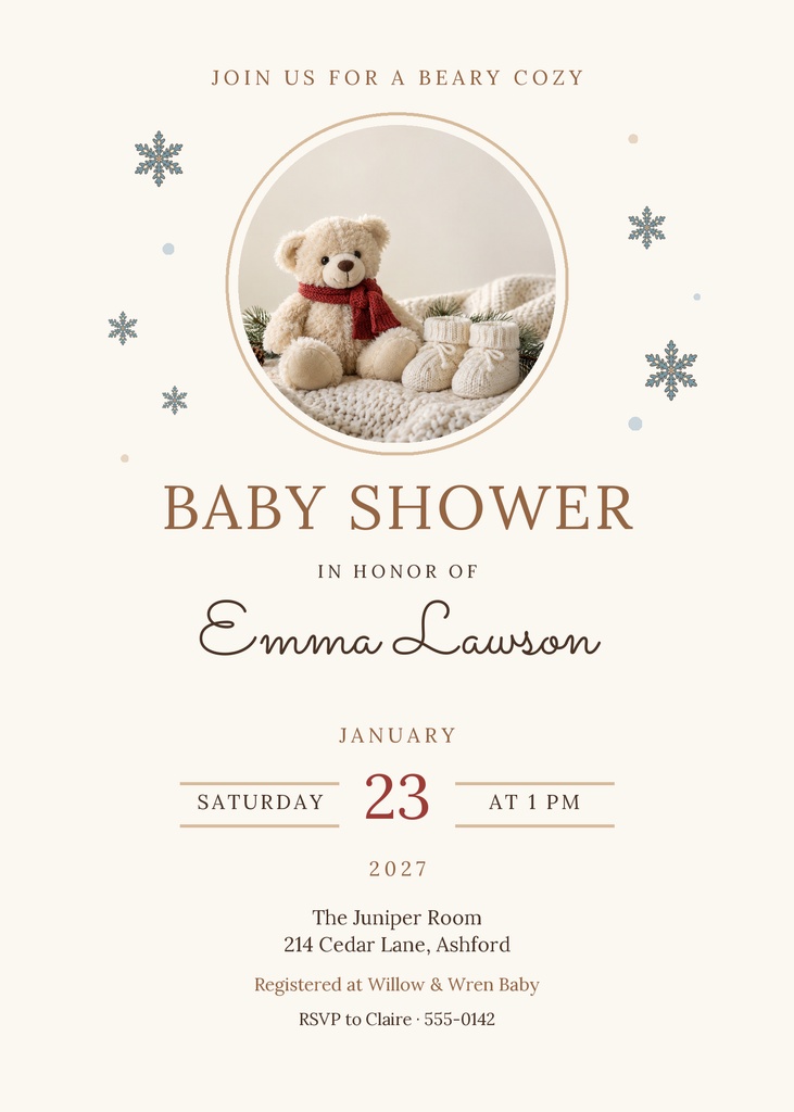 Portrait baby shower invitation with teddy bear, snowflakes, and warm neutral winter design.