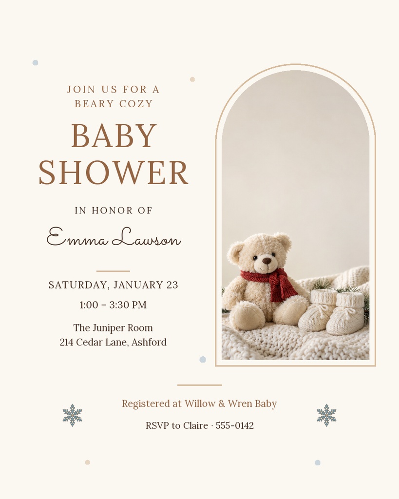 Portrait baby shower invitation with a teddy bear and soft winter decor in a framed photo panel.