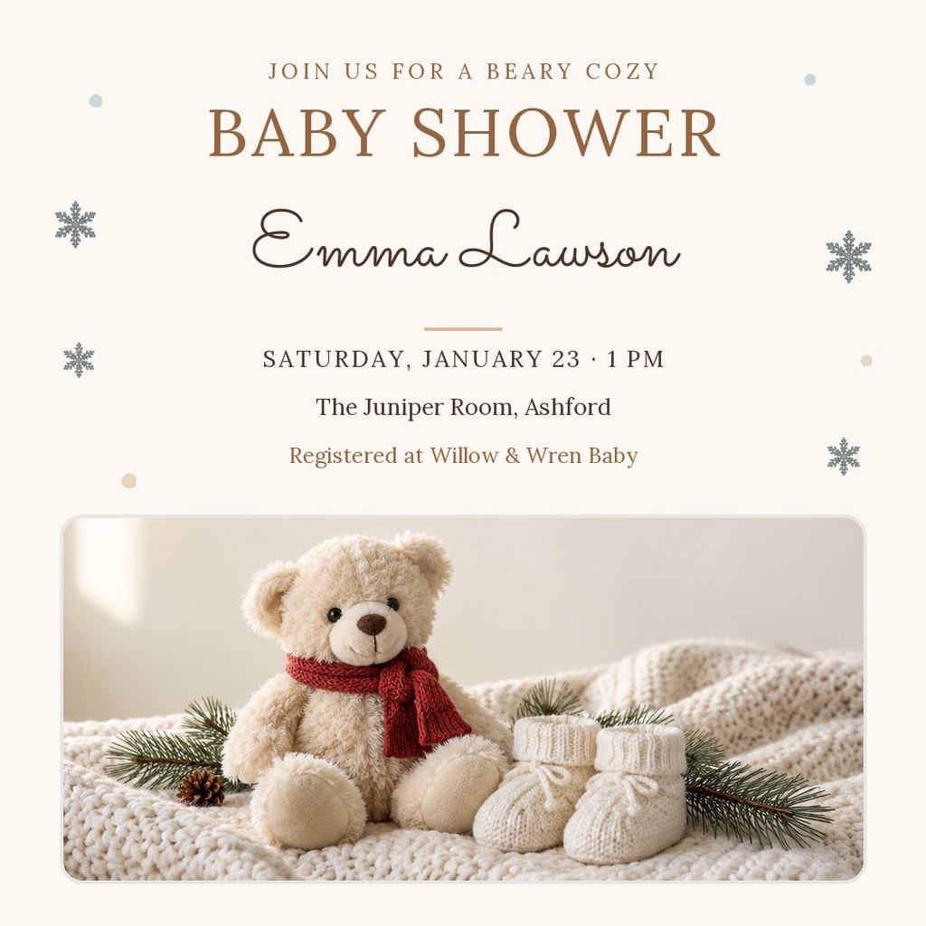 Square baby shower invitation with teddy bear, knitted booties, and winter greenery on a soft cream background