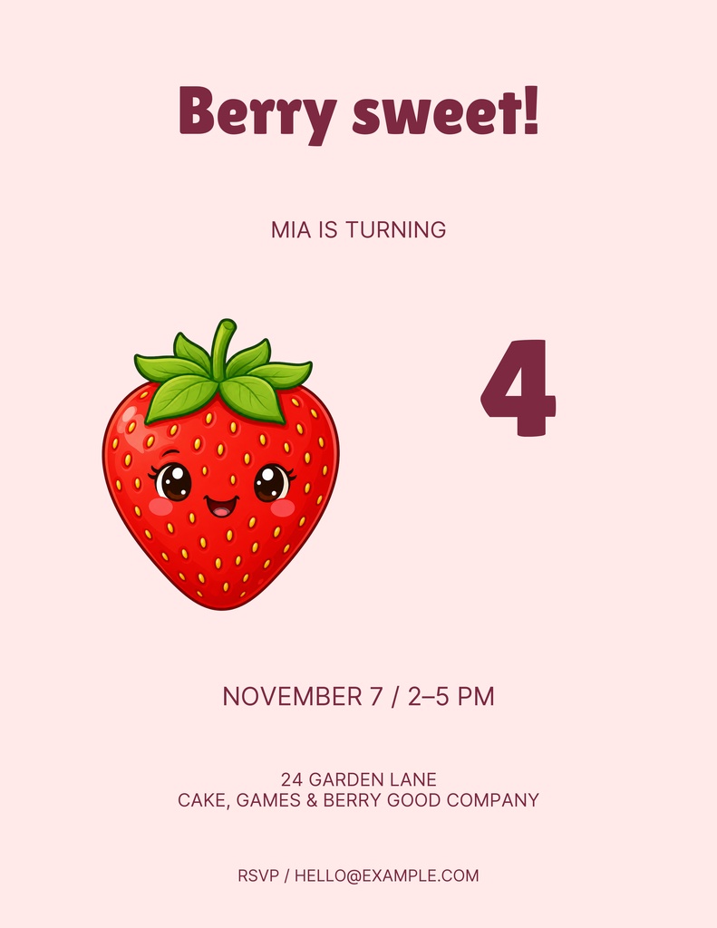 Pink birthday flyer with a smiling strawberry, the words Berry sweet, and party details.