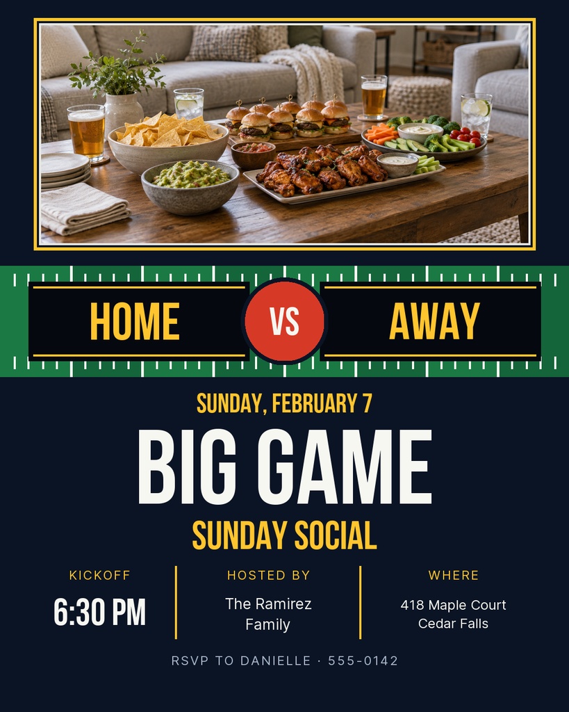 Football party invitation with game day table food photo and home versus away scoreboard design