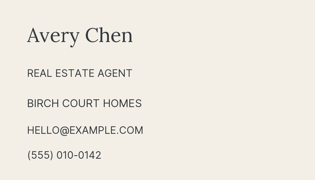 Landscape real estate contact card with Avery Chen, real estate agent, Birch Court Homes, email, and phone number.