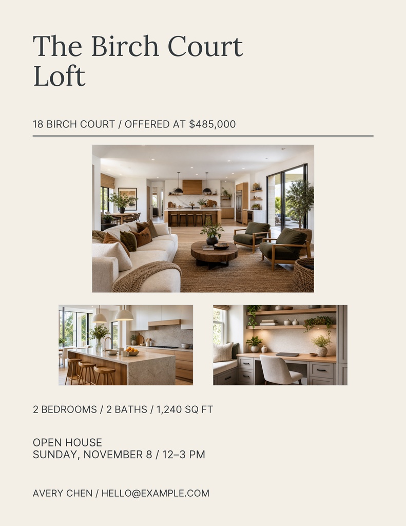 Portrait real estate flyer for The Birch Court Loft with property photos, open house details, and agent contact information.