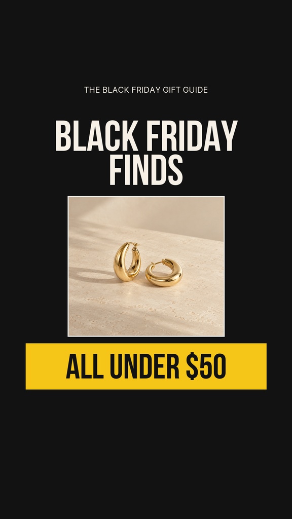 Portrait Black Friday sale design with a black background, product photo, and yellow price banner reading all under $50.