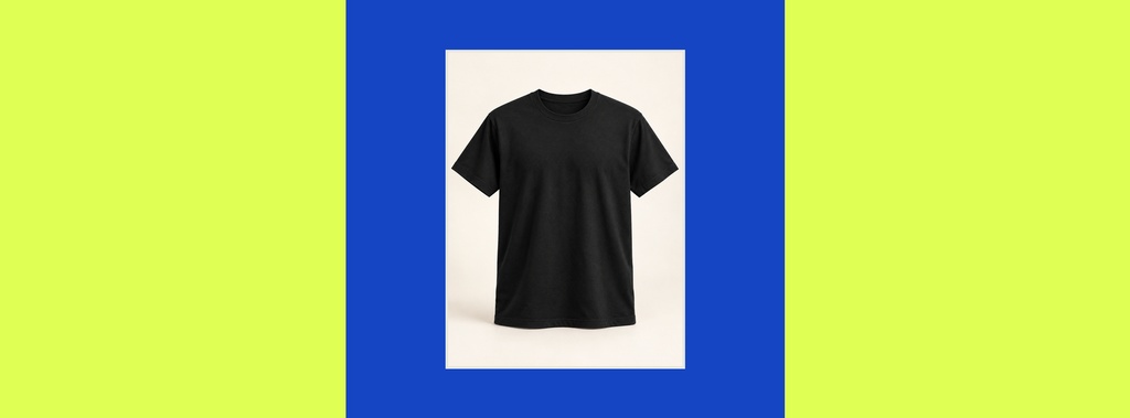 Black t-shirt displayed on a white rectangle over blue and lime green background.