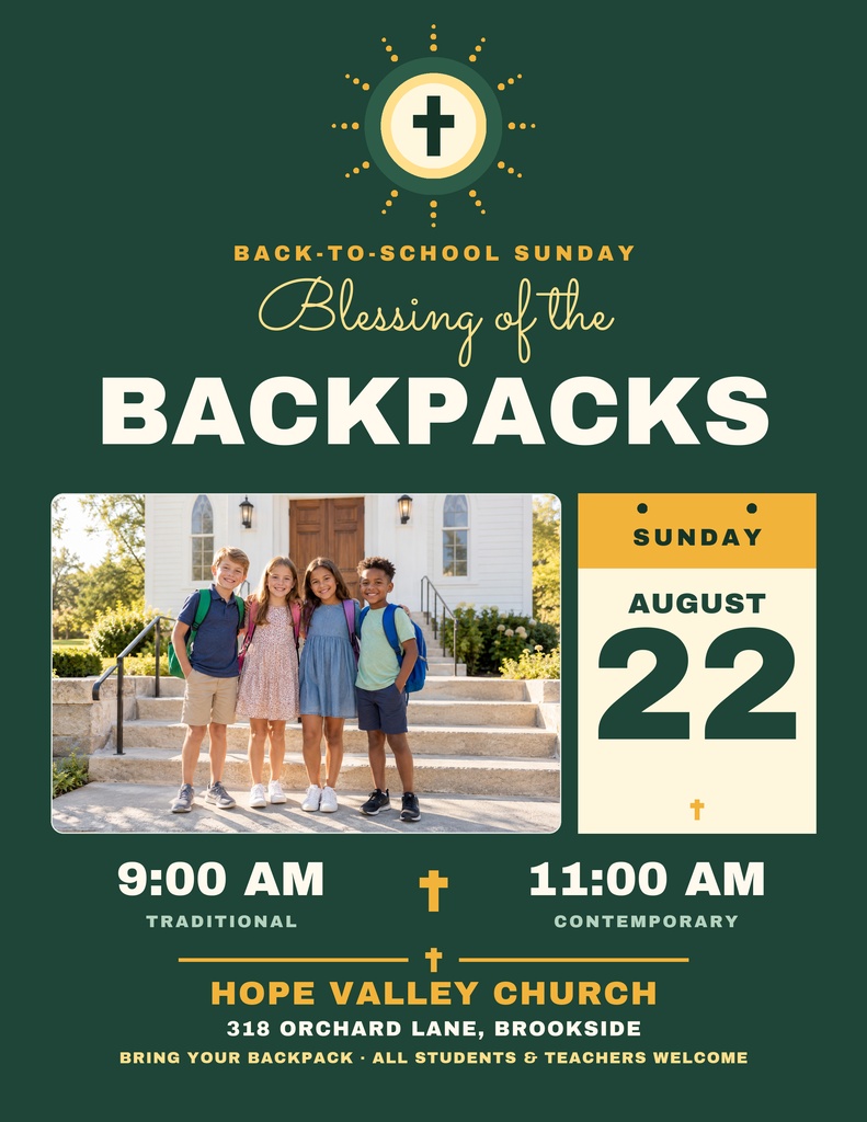 Back-to-school church flyer with children, service times, and August 22 date panel.