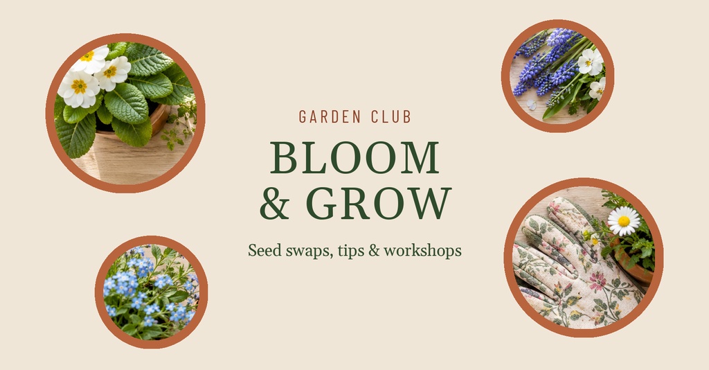 Beige garden club cover with four circular flower and plant photos and Bloom & Grow text