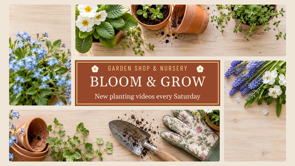 Garden shop banner with flowers, potted plants, trowel, gloves, and Bloom & Grow text.