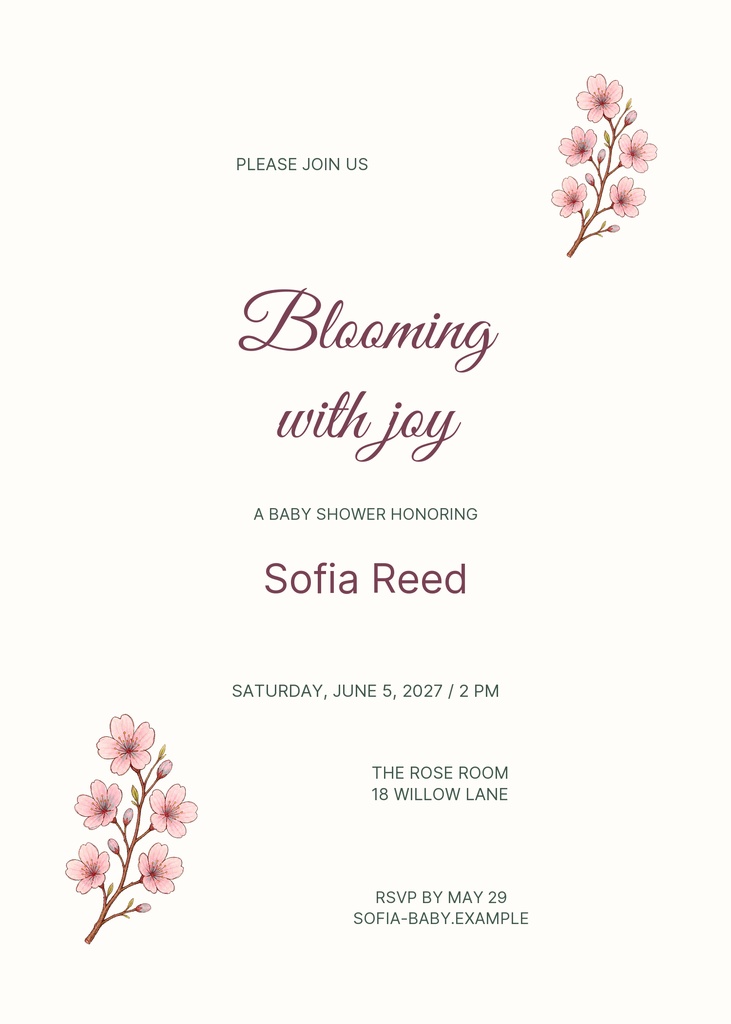 Portrait baby shower invitation with pink cherry blossom branches and elegant script text.