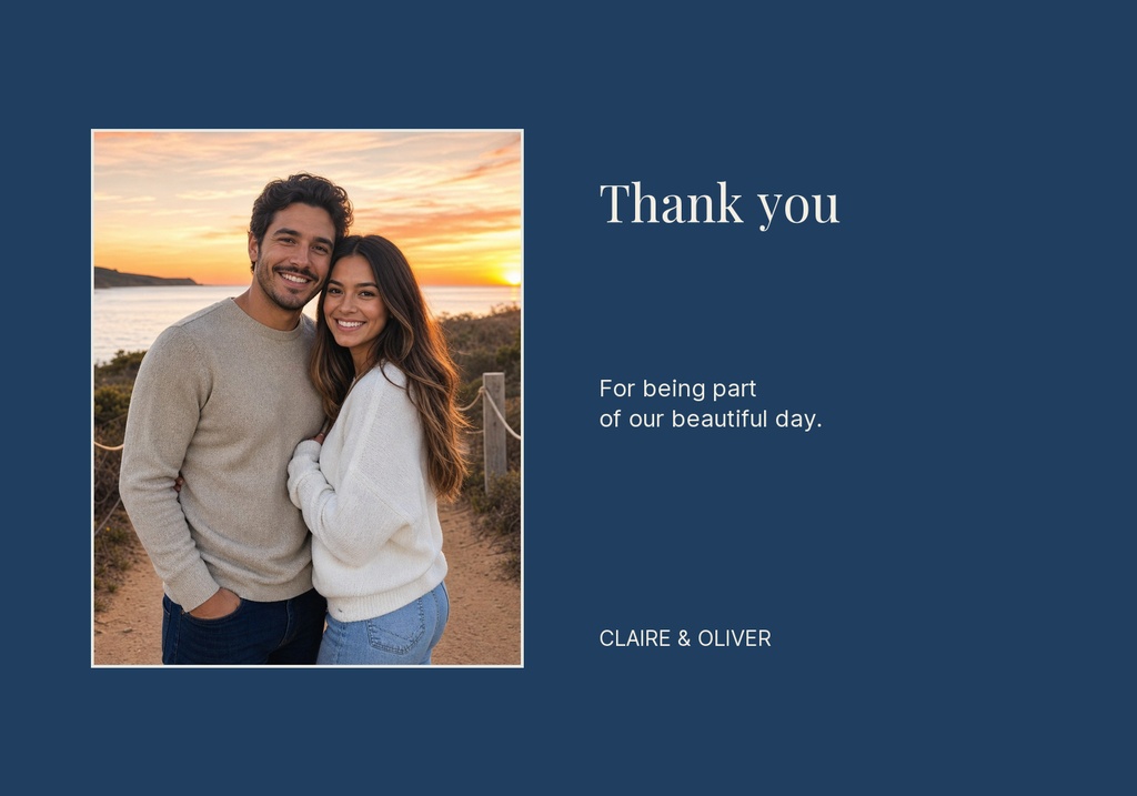 A couple smiling in a sunset photo beside a navy thank you card design.