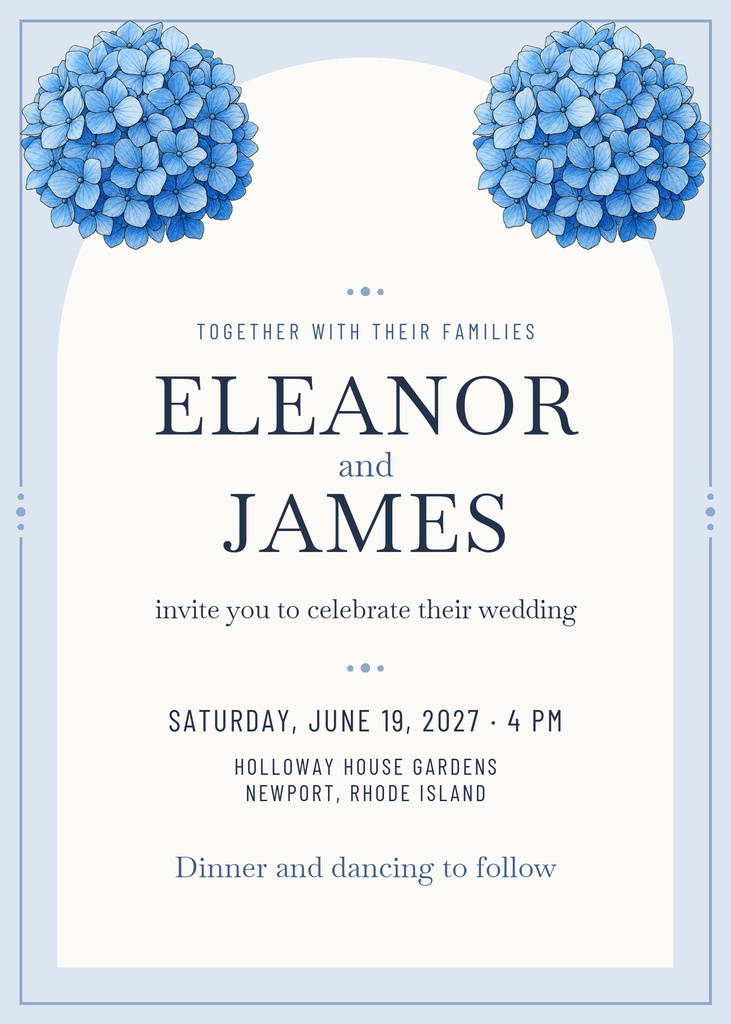 Portrait wedding invitation with blue hydrangea flowers in the top corners and a thin blue border