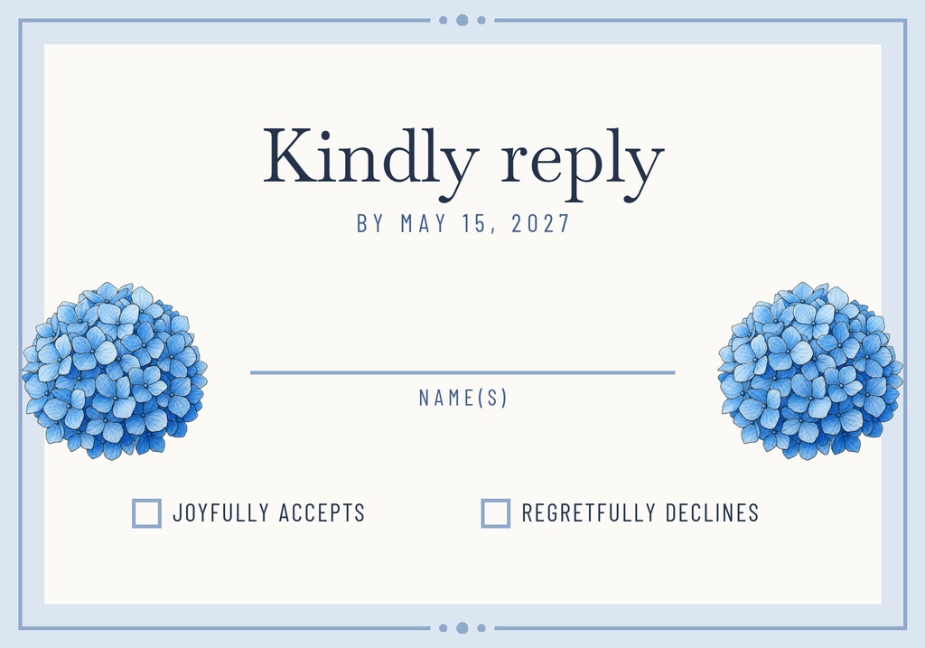 Landscape RSVP card with blue hydrangea blooms, elegant border, and reply checkboxes