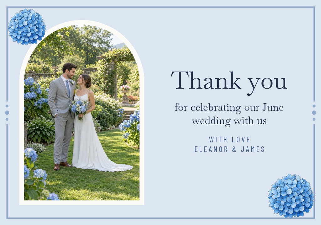 Landscape thank-you card with a couple photo, blue hydrangeas, and soft blue floral border