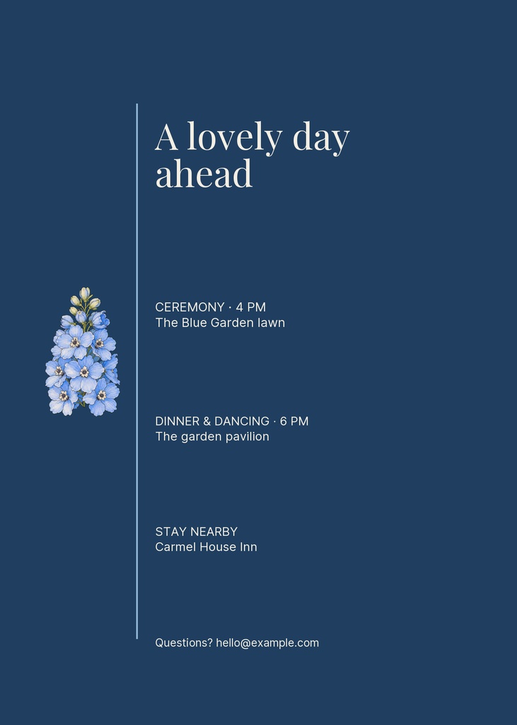 Portrait blue wedding details card with white text and a small floral bouquet illustration.