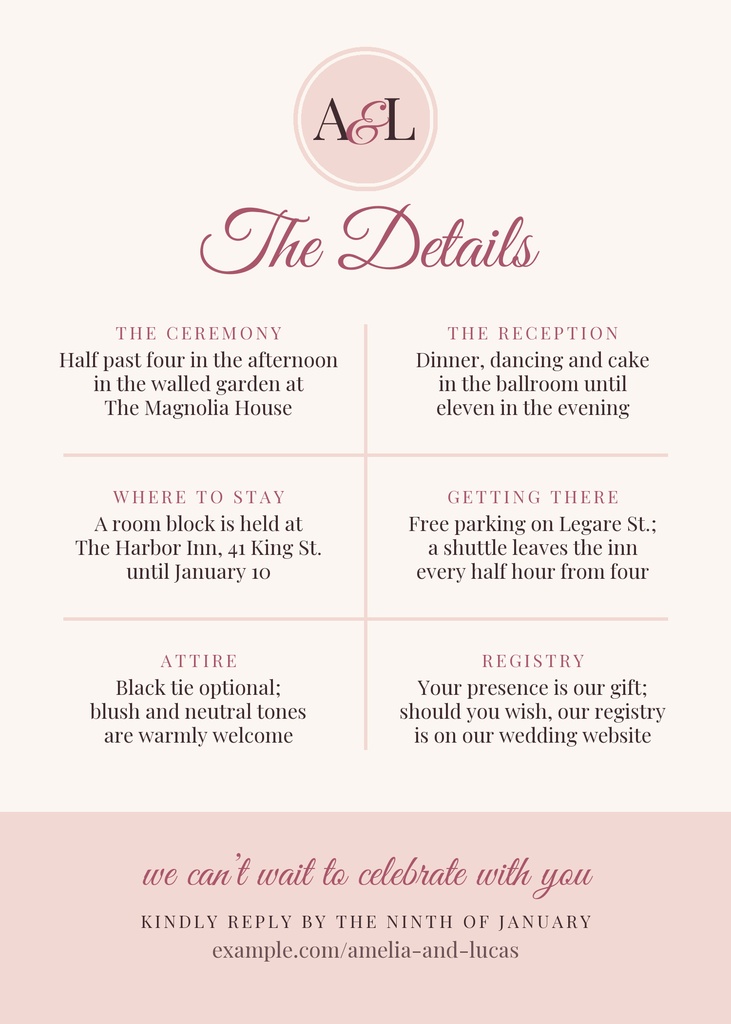 Blush wedding details card with monogram, ceremony, reception, travel, attire, and registry sections.