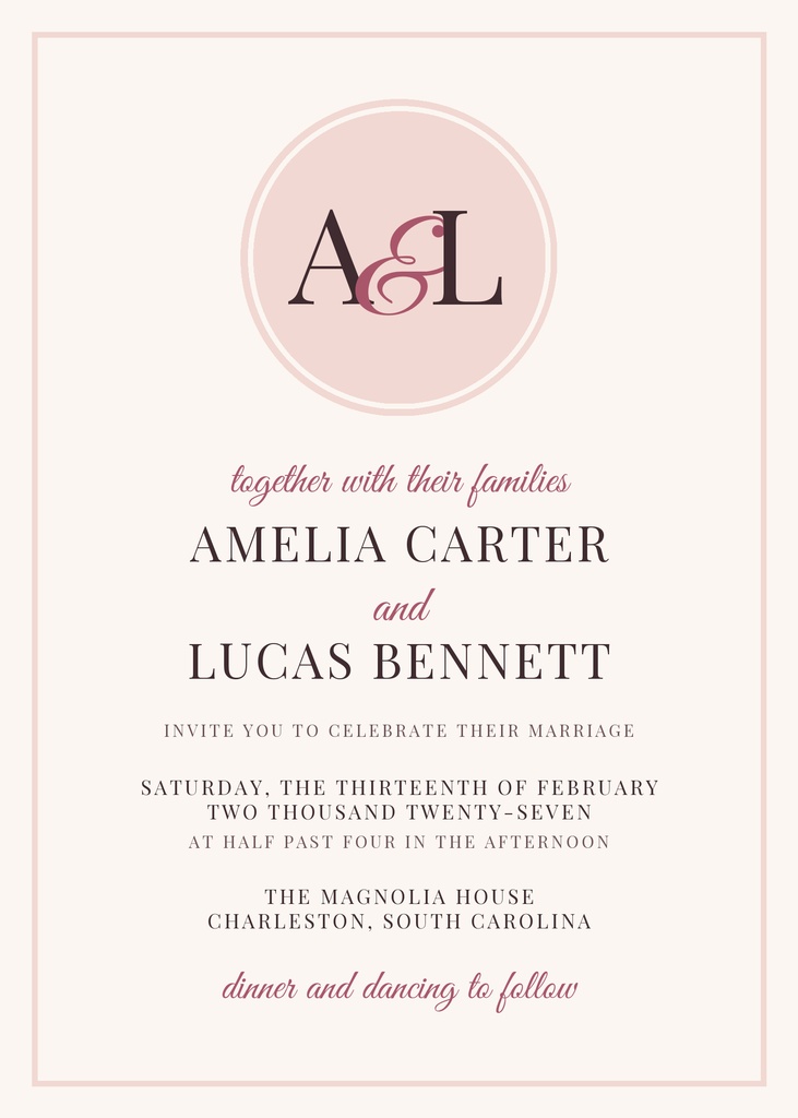 Blush wedding invitation with circular monogram, names, date, venue, and elegant script text.