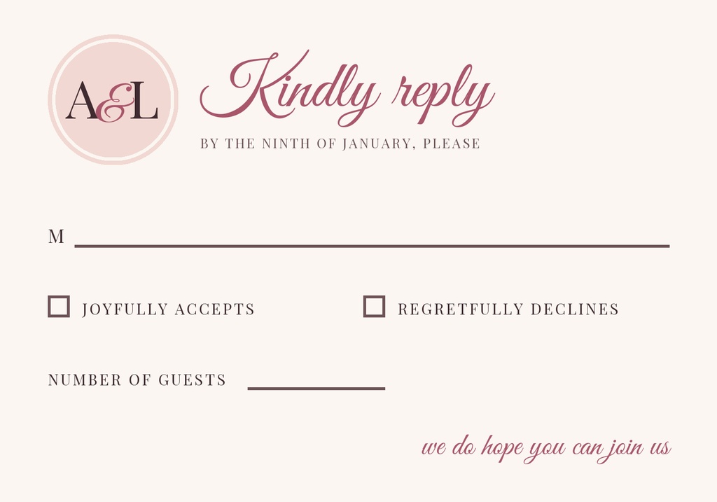 Blush RSVP card with monogram, kind reply text, and acceptance checkboxes in landscape layout