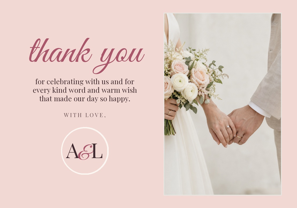 Blush thank you card with monogram and wedding couple photo