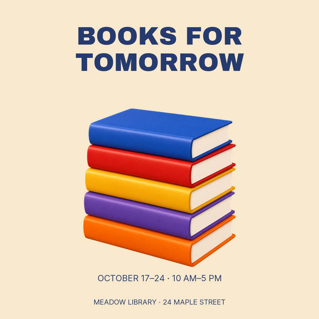 Square post with stacked colorful books and the title Books for Tomorrow.