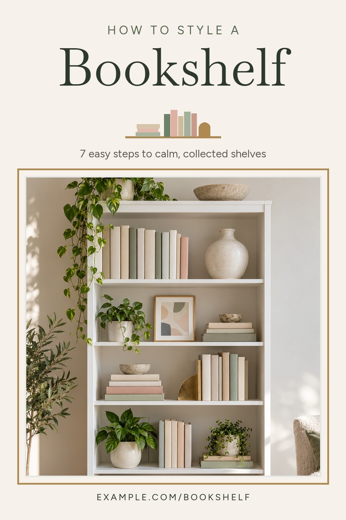 Vertical Pinterest pin featuring a styled bookshelf with books, plants, and neutral decor.