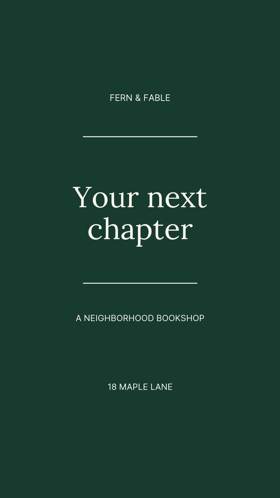 Forest green portrait cover with the text Your Next Chapter and A Neighborhood Bookshop.