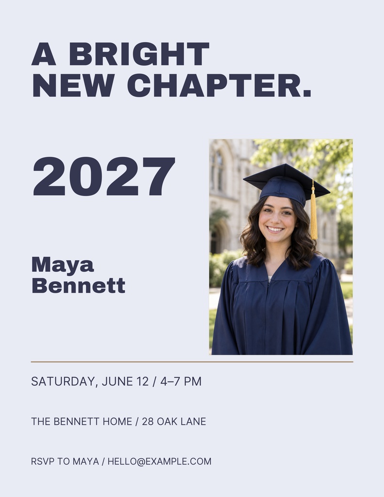 Minimal flyer with a graduate portrait, bold 2027 text, and event details on a light background.
