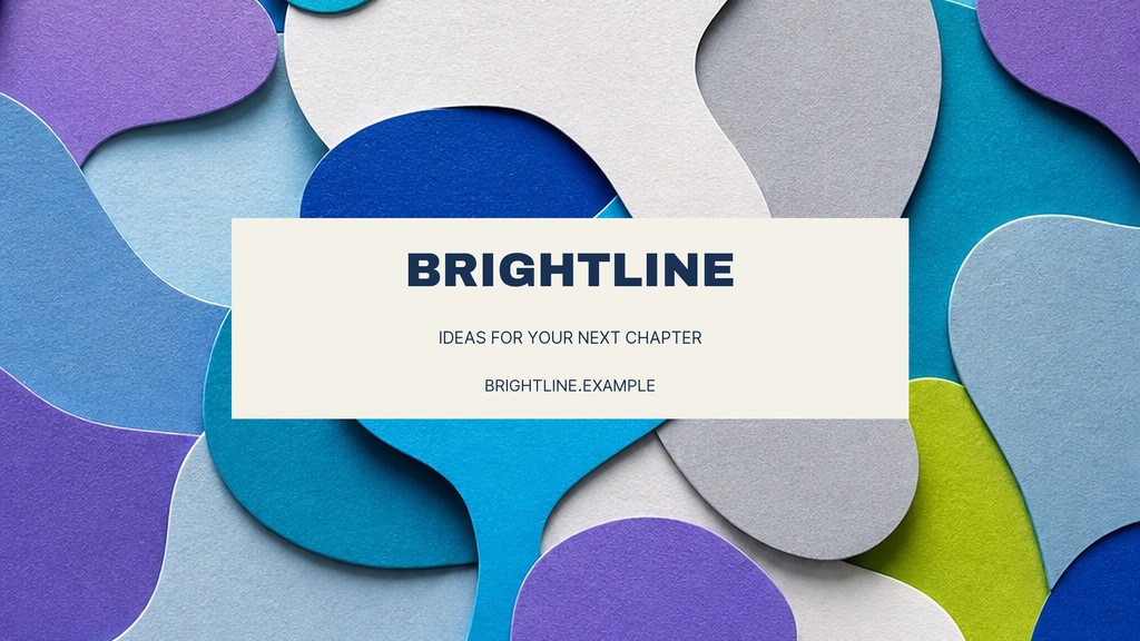 Abstract layered paper shapes in blue, purple, green, and white with a centered Brightline text panel.