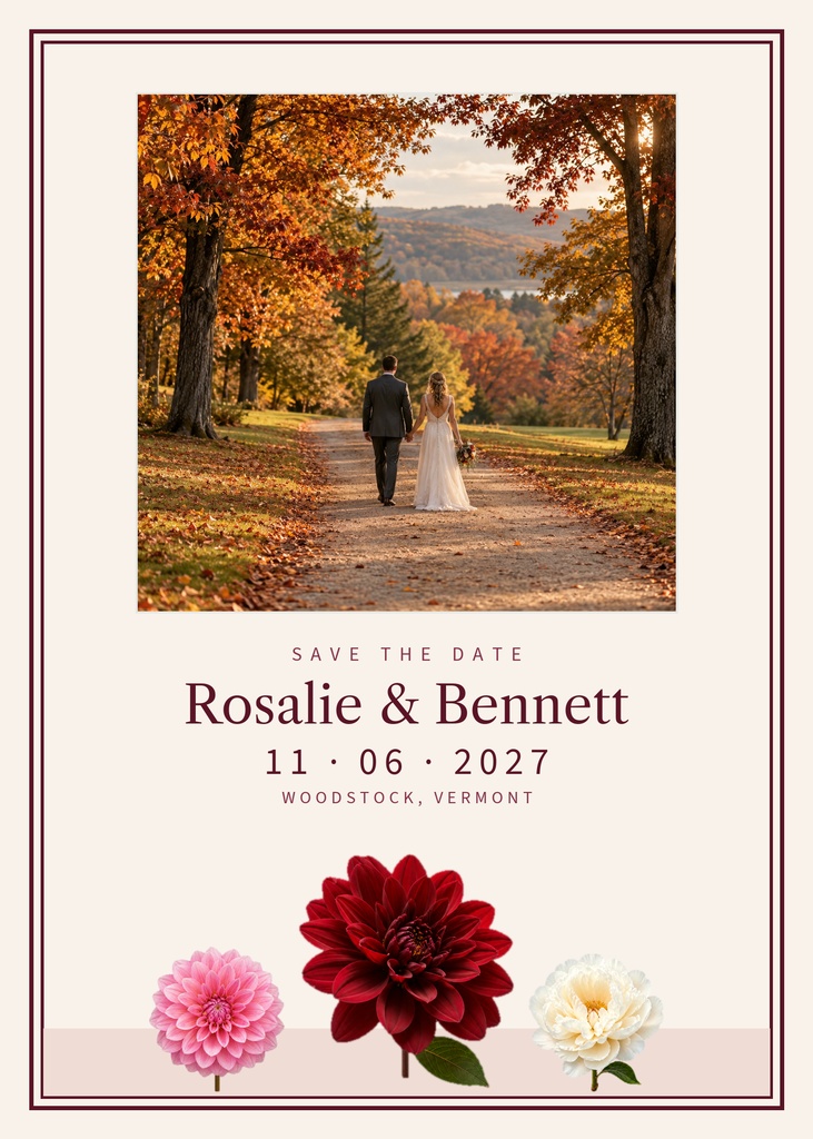 Portrait wedding save the date with a couple walking on an autumn path and burgundy dahlia flowers below.