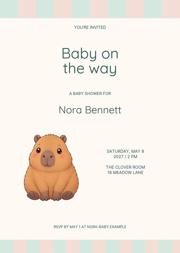 Portrait baby shower invitation with a capybara illustration and pastel mint border