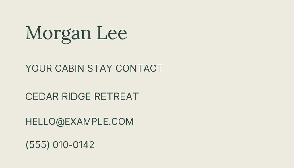 Minimalist contact card with Morgan Lee, Cedar Ridge Retreat, email, and phone number on a light background.