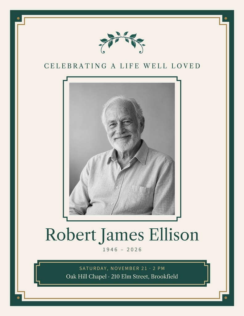 Portrait memorial flyer with a framed black and white photo and elegant green border.