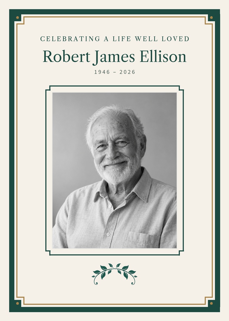 Elegant memorial card template with a portrait, name, dates, and decorative border.