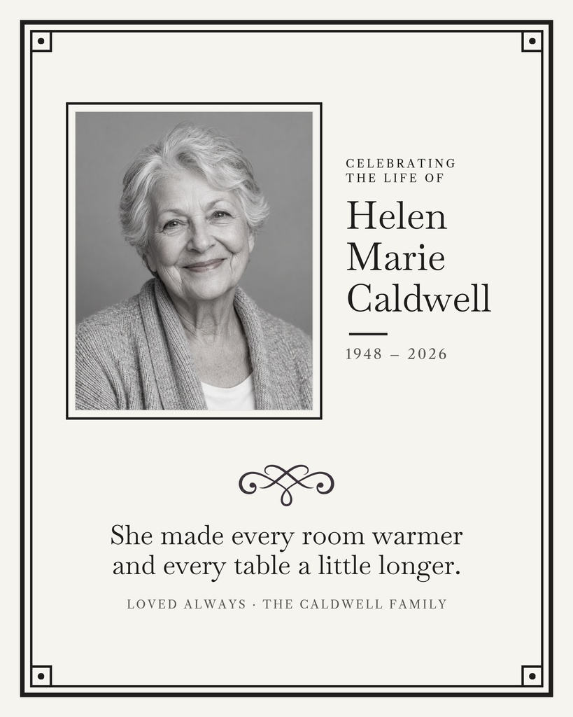 Grayscale memorial page with portrait photo, name, dates, and a short tribute message.