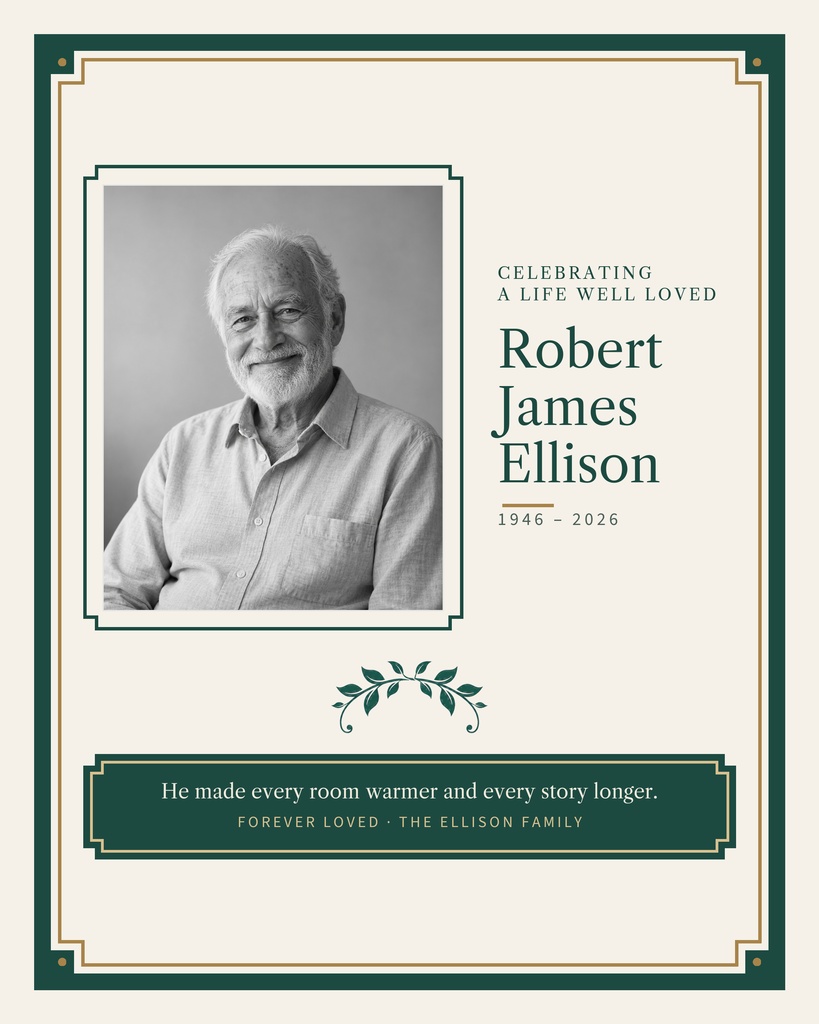 Elegant memorial page with portrait, name, dates, and a framed tribute message