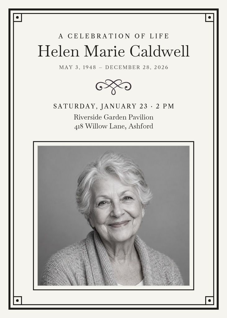 Elegant memorial card with a portrait photo of an older woman and centered remembrance text.