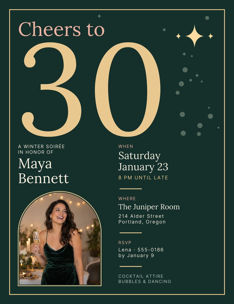 Portrait flyer with large gold 30, Cheers to Thirty headline, and winter party details on dark green background