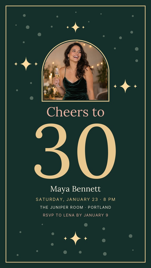 Dark green Instagram story template with a circular portrait, large number 30, and cheers to thirty text.