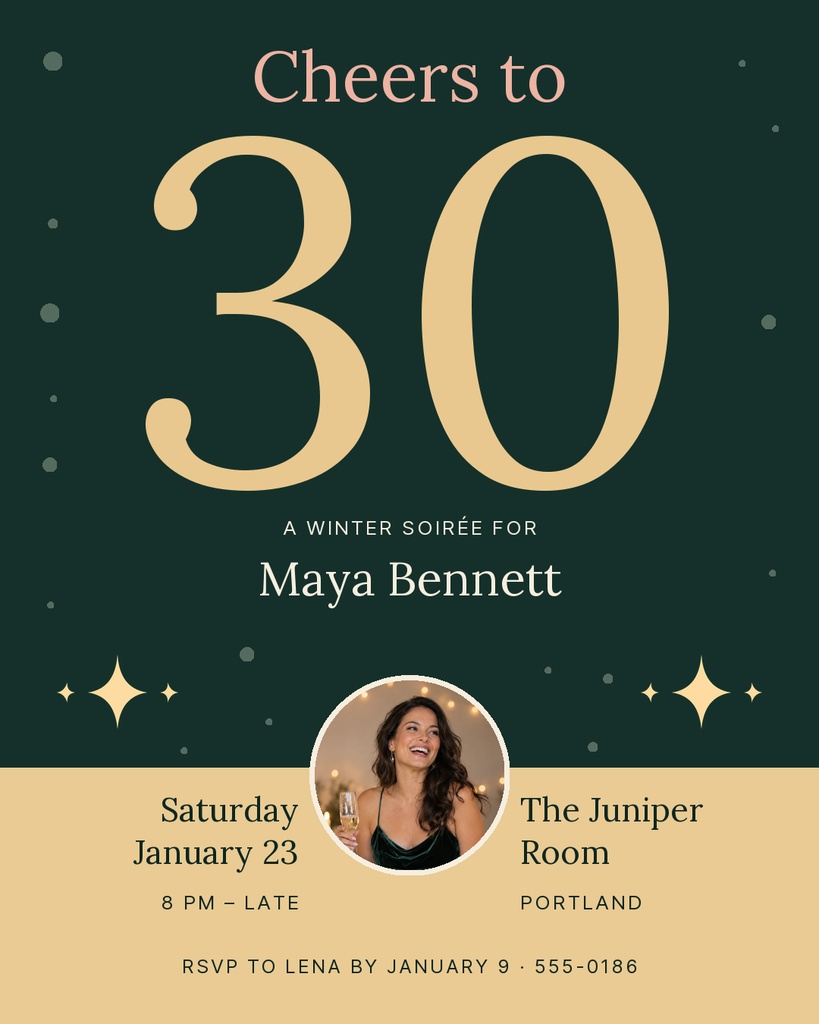 Dark green and gold 30th birthday invitation with a circular portrait and winter party details.