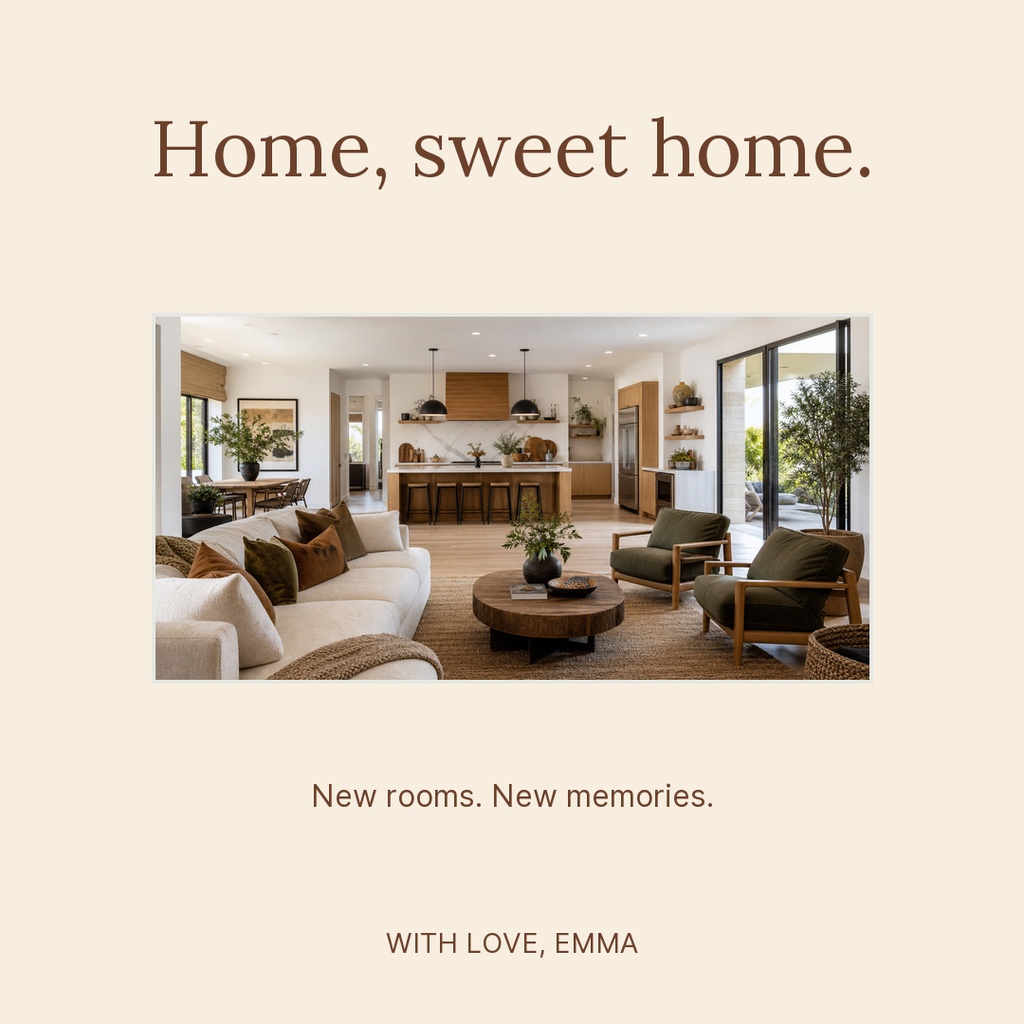 Square greeting card with the words Home, sweet home above a living room photo.